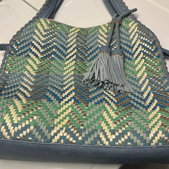 Steven by Steve Madden Blue Basketweave Shoulder Purse w/ Hanging Tassels- large - Picture 15 of 16